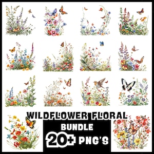 Puede incluir: Una colecci&oacute;n de dise&ntilde;os florales de flores silvestres en acuarela, con flores y mariposas coloridas. La imagen incluye una variedad de arreglos florales en diferentes formas y tama&ntilde;os, con el texto "WILDFLOWER FLORAL BUNDLE 20+ PNG'S".