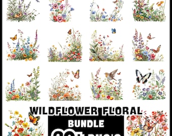 Paquete de imágenes PNG de flores silvestres: imágenes prediseñadas bohemias, mariposas y gorriones (descarga instantánea)