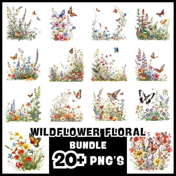 Wildflower PNG Bundle: Boho Clipart, Butterflies & Sparrows (Instant Download
