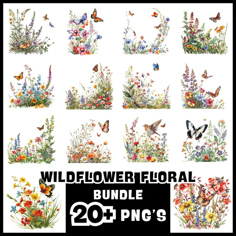 Puede incluir: Una colecci&oacute;n de dise&ntilde;os florales de flores silvestres en acuarela, con flores y mariposas coloridas. La imagen incluye una variedad de arreglos florales en diferentes formas y tama&ntilde;os, con el texto "WILDFLOWER FLORAL BUNDLE 20+ PNG'S".