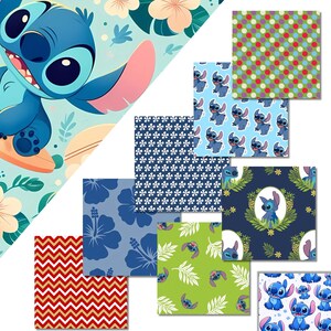 Op de afbeelding: Een verzameling van acht verschillende stoffenpatronen met Stitch van Lilo & Stitch. De patronen omvatten een blauw en wit bloemenpatroon, een groen en blauw patroon met Stitch die surft, een blauw en wit stippenpatroon, een rood en geel zigzagpatroon, een blauw en wit patroon met Stitch in een krans, een blauw en wit patroon met Stitch op een surfboard, een groen en blauw patroon met Stitch en bladeren, en een blauw en wit patroon met Stitch op een witte achtergrond.
