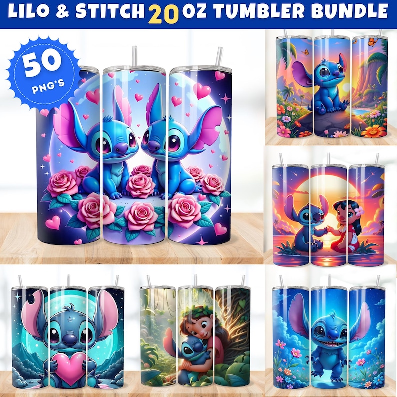 Może przedstawiać: Zestaw 20-uncjowych kubk&oacute;w z r&oacute;żnymi wzorami Stitch z filmu Disneya Lilo & Stitch. Wzory obejmują Stitch z sercami, Stitch z Lilo i Stitch z kwiatami. Kubki idealnie nadają się do sublimacji.