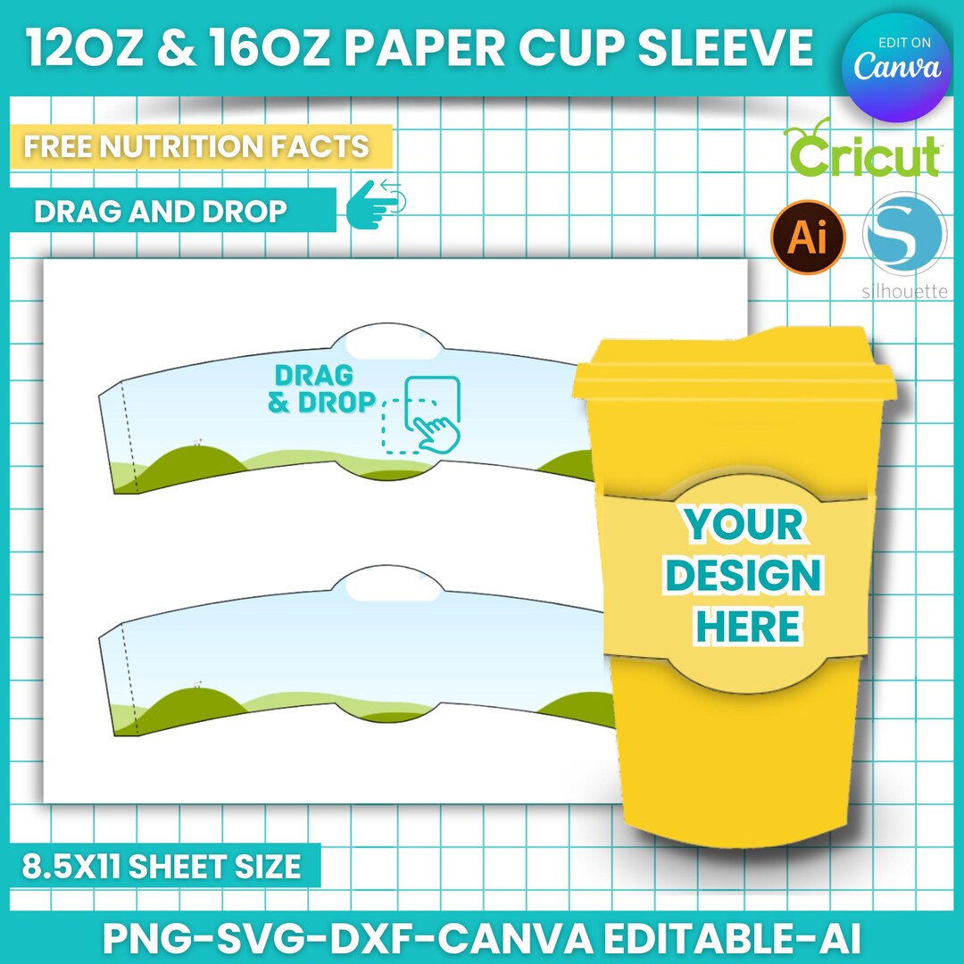 12 Oz and 16 Oz Paper Cup Template Wrapper Template, Paper Coffee Cup ...