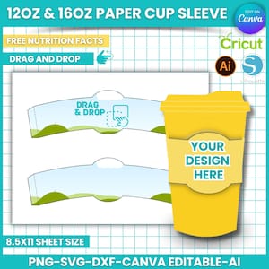 12 Oz and 16 Oz Paper Cup Template Wrapper Template, Paper Coffee Cup Template, SVG for Cricut, png, AI, DFX, Canva Editable, Drag and Drop