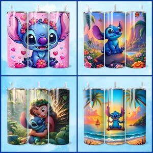 Może przedstawiać: Zestaw sześciu kubk&oacute;w ze stali nierdzewnej z r&oacute;żnymi wzorami przedstawiającymi postać z kresk&oacute;wek Stitch z filmu Disneya Lilo & Stitch. Wzory obejmują Stitch z sercami, Stitch z kwiatami, Stitch z palmami, Stitch z zachodem słońca, Stitch z huśtawką i Stitch z Lilo.