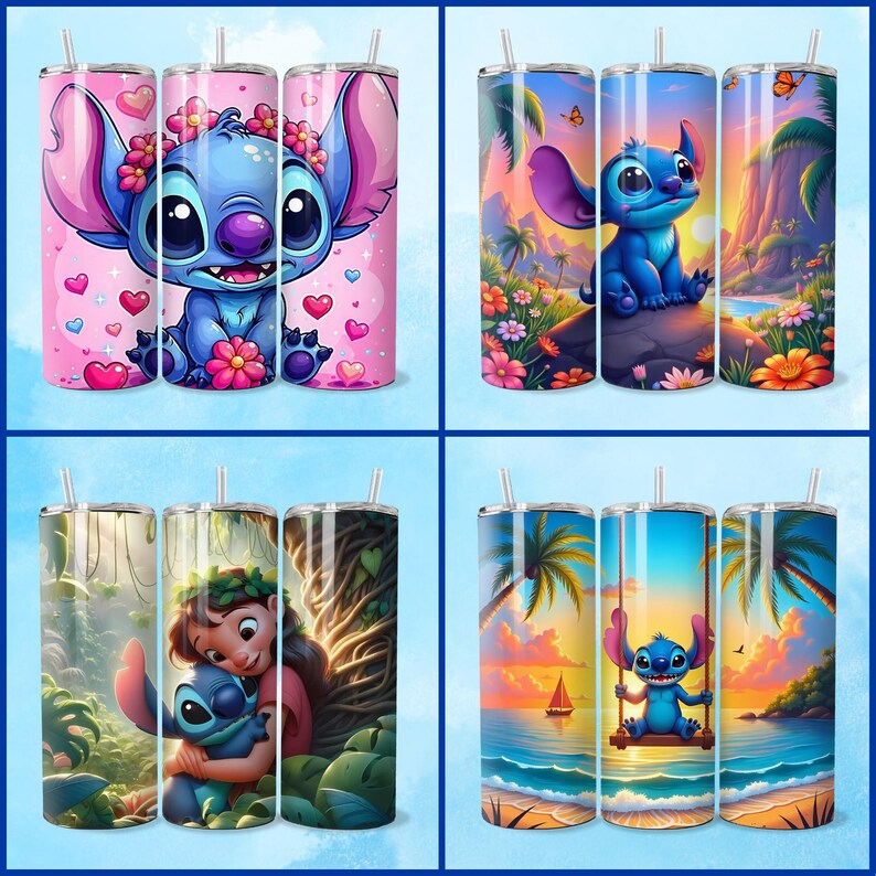 Może przedstawiać: Zestaw sześciu kubk&oacute;w ze stali nierdzewnej z r&oacute;żnymi wzorami przedstawiającymi postać z kresk&oacute;wek Stitch z filmu Disneya Lilo & Stitch. Wzory obejmują Stitch z sercami, Stitch z kwiatami, Stitch z palmami, Stitch z zachodem słońca, Stitch z huśtawką i Stitch z Lilo.