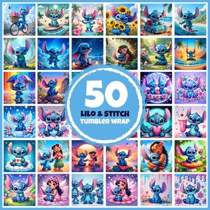 Op de afbeelding: Een set van 50 kleurrijke tumbler wraps met verschillende illustraties van Lilo en Stitch-personages. De wraps zijn ontworpen om op tumblers te worden aangebracht, waardoor ze een leuke en persoonlijke touch krijgen.