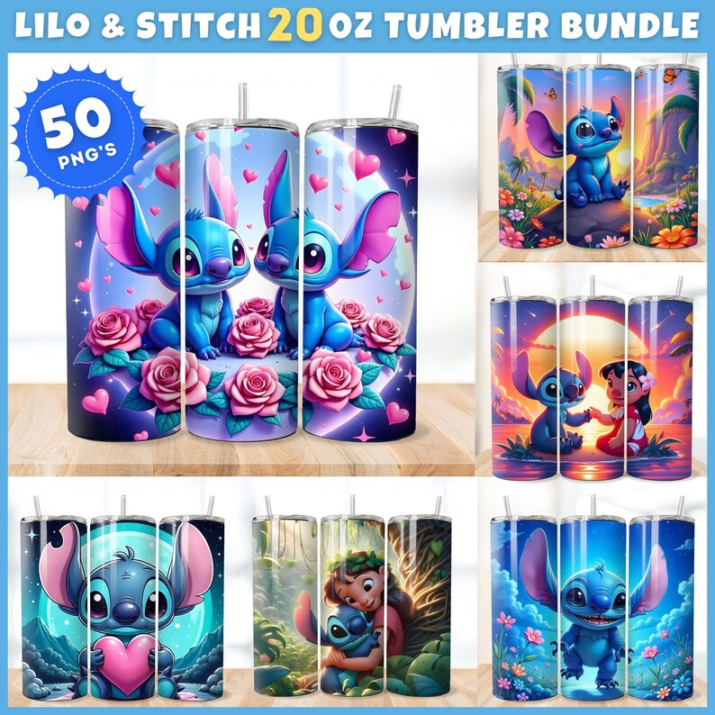 Op de afbeelding: Set van 20 ounce roestvrijstalen tumblers met verschillende ontwerpen van Stitch uit Lilo & Stitch. De ontwerpen omvatten Stitch met bloemen, Stitch met Lilo, Stitch met een hart en Stitch met een zonsondergang op de achtergrond. Er zijn 50 PNG-bestanden inbegrepen.