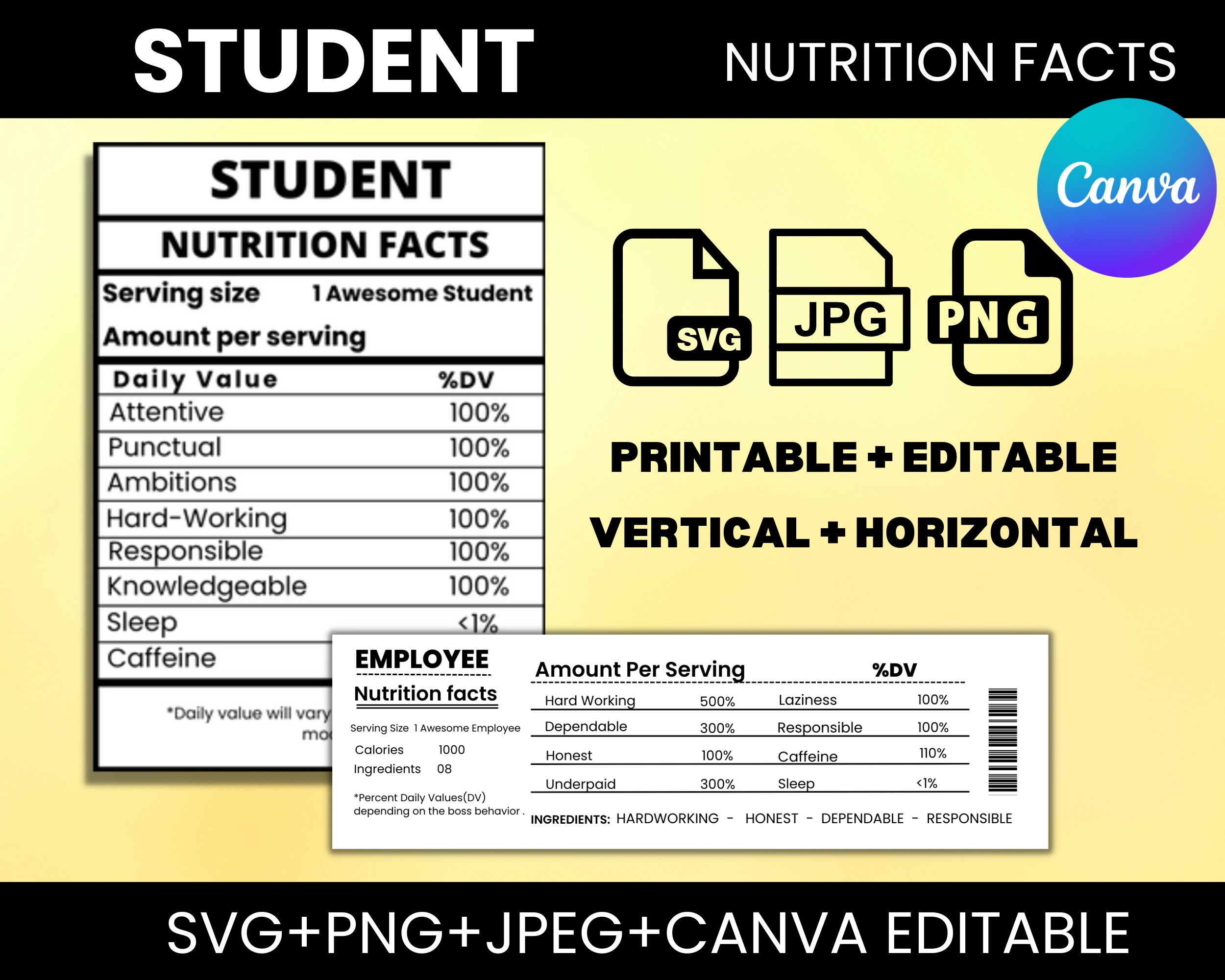 Student Nutrition Facts, SVG Nutritional Fact Label Template, PrintablePNG, SvG, Cricut, Canva editable