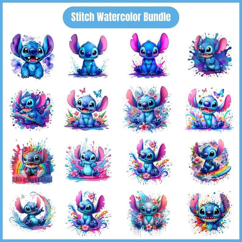 Op de afbeelding: Een set van 16 digitale aquarel illustraties met Stitch uit Lilo & Stitch. Elke illustratie toont Stitch in een andere pose en setting, met kleurrijke aquarel achtergronden.