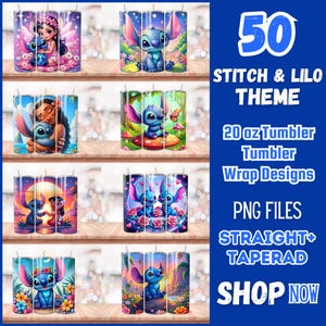 Może przedstawiać: 50 wzor&oacute;w opakowań na kubki o pojemności 20 uncji z motywem Stitch i Lilo. Wzory przedstawiają Stitch i Lilo w r&oacute;żnych pozach na kolorowych tle. Pliki PNG dla prostych i zwężających się kubk&oacute;w. Kup teraz.