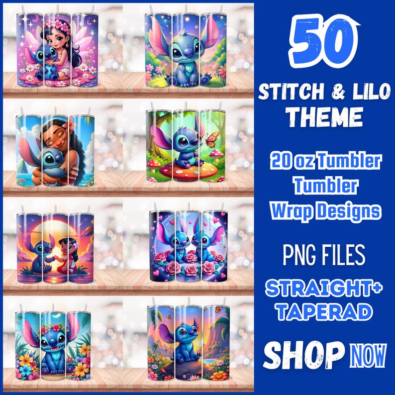 Może przedstawiać: 50 wzor&oacute;w opakowań na kubki o pojemności 20 uncji z motywem Stitch i Lilo. Wzory przedstawiają Stitch i Lilo w r&oacute;żnych pozach na kolorowych tle. Pliki PNG dla prostych i zwężających się kubk&oacute;w. Kup teraz.