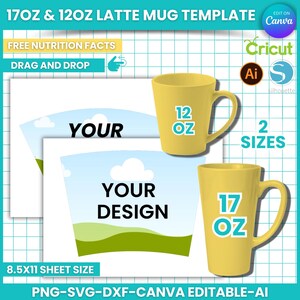 Latte Mug Template: 12oz & 17oz, Canva Editable (Digital Download)