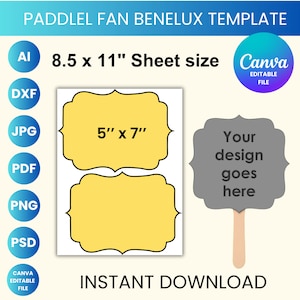 Op de afbeelding: Een printbare sjabloon voor paddle fans met twee gele, sierlijke frames met zwarte contouren en een grijs, leeg frame met de tekst "Your design goes here". De sjabloon is 8,5 inch bij 11 inch en bevat de tekst "5" x 7" binnen de gele frames.