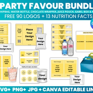 Puede incluir: Un conjunto de 7 plantillas de favor de fiesta para bolsas de patatas fritas, botellas de agua, envoltorios de chocolate, bolsas de zumo, cajas de gable y mucho más. Las plantillas son personalizables con tu propio diseño e incluyen 90 logotipos y 13 datos nutricionales. Las plantillas están disponibles en formatos SVG, PNG, JPG y Canva editable.