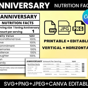 Anniversary Nutrition Facts, SVG Nutritional Fact Label Template for Sublimation, Printable, PNG, SvG, Cricut,