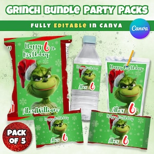 Può includere: Un pacchetto per feste a tema Grinch con una combinazione di colori verde e rosso. Il pacchetto include un sacchetto di patatine, una bottiglia d'acqua, una scatola di succo e involucri di caramelle, tutti con il Grinch con un cappello da Babbo Natale. Il testo "Happy 6th Birthday" e il nome "Alex" sono visibili.