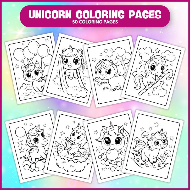 50 Unicorn Coloring Pages for Kids, Printable Unicorn Sheets (digital ...