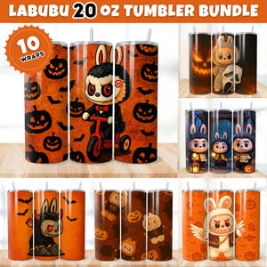 Labubu Halloween Monster Doll 20 oz Straight Tumbler Wrap Design, Kawaii Monsters Halloween 20oz PNG for Sublimation, Halloween Horror Png