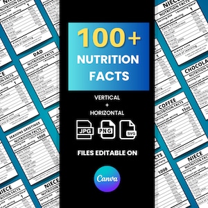 Sjabloonbundel 100 voedingsfeiten, etiketten met voedingsfeiten, partijgunstbundel, bewerkbare Canva sjabloon met voedingsfeiten, voedingssjabloon