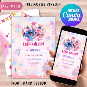 Stitch and Angel Birthday Invitation, Editable & Printable Template – Beautiful Invitation for Your Little One's Birthday, Canva Editable