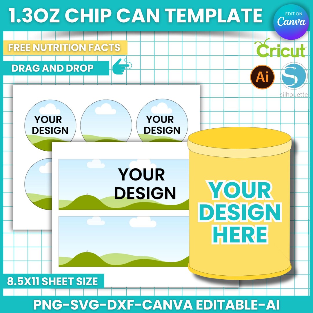 1.3oz Chip Can Template, Chip Can Labels, Pring Chip Can Wrapper