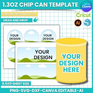1.3oz Chip can Template, Chip Can Labels, Pring Chip Can wrapper, Editable Wrapper Template, Drag and Drop Canva Template, SVG, PNG, AI