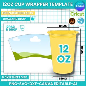 Involucro per tazza da 12 once, modello per involucro per tazza da caffè da 12 once, involucro per tazza di carta, bomboniere, modificabile con Canva, SVG, DFX, AI, foglio da 8,5x11", Cricut