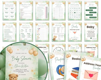 Paquete de invitaciones para baby shower de oso: juegos, letreros y decoración (descarga digital)