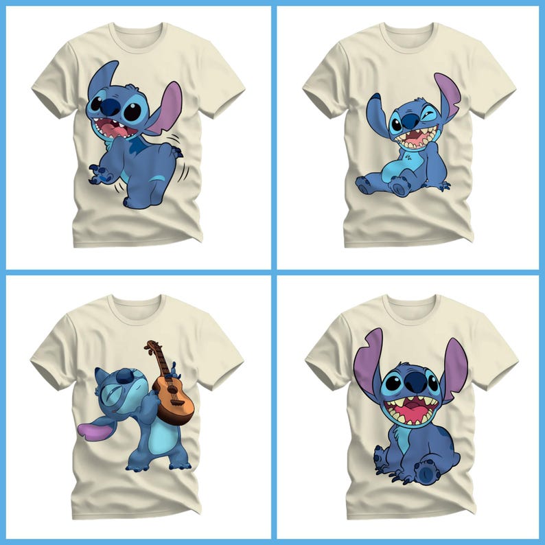 Op de afbeelding: Vier witte T-shirts met verschillende afbeeldingen van Stitch uit Lilo & Stitch. De afbeeldingen tonen Stitch in verschillende poses, waaronder het bespelen van een ukelele, knipogen en zijn tong uitsteken.