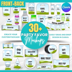 Pacchetto di 30 mockup per bomboniere, pacchetto di mockup per bomboniere, barretta di cioccolato, etichetta per bottiglia d'acqua, bustina di succo, sacchetto di patatine, mockup fai da te con cornice Canva