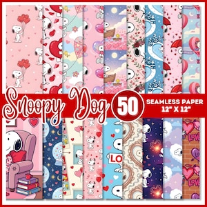Puede incluir: Un conjunto de 50 papeles sin costuras de Snoopy Dog, cada uno de 30,48 cm x 30,48 cm. Los diseños presentan a Snoopy en varias escenas con corazones, globos y otros elementos del Día de San Valentín. La paleta de colores incluye rosas, azules y rojos.