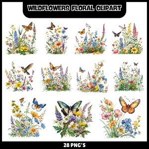 Puede incluir: Un conjunto de 28 im&aacute;genes PNG con flores silvestres y mariposas en acuarela. Las im&aacute;genes muestran varios arreglos de flores coloridas, incluyendo flores amarillas, azules, rosas y moradas, con mariposas en vuelo. El texto "WILDFLOWERS FLORAL CLIPART" est&aacute; en la parte superior.