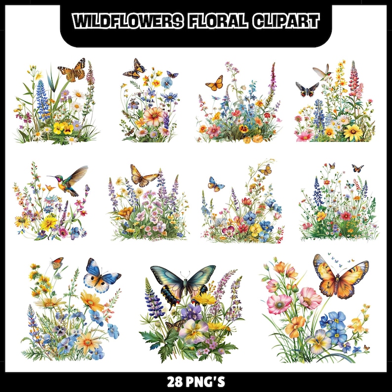 Puede incluir: Un conjunto de 28 im&aacute;genes PNG con flores silvestres y mariposas en acuarela. Las im&aacute;genes muestran varios arreglos de flores coloridas, incluyendo flores amarillas, azules, rosas y moradas, con mariposas en vuelo. El texto "WILDFLOWERS FLORAL CLIPART" est&aacute; en la parte superior.