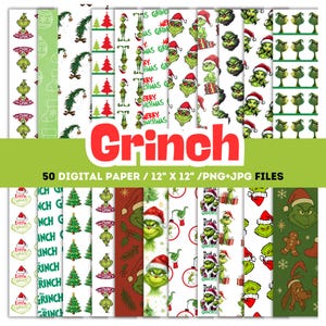 50 Christmas Digital Paper Pack, Grinch Christmas Wallpaper, Christmas Scrapbook Paper, Christmas Background, Christmas Pattern,Grinch Paper