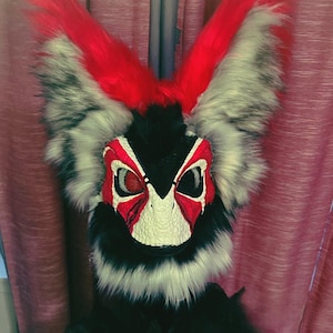 Custom Dino- mask with faux fur hood , ears,  and horns .(optional). Unique handmade item great for halloween or tea party with friends.