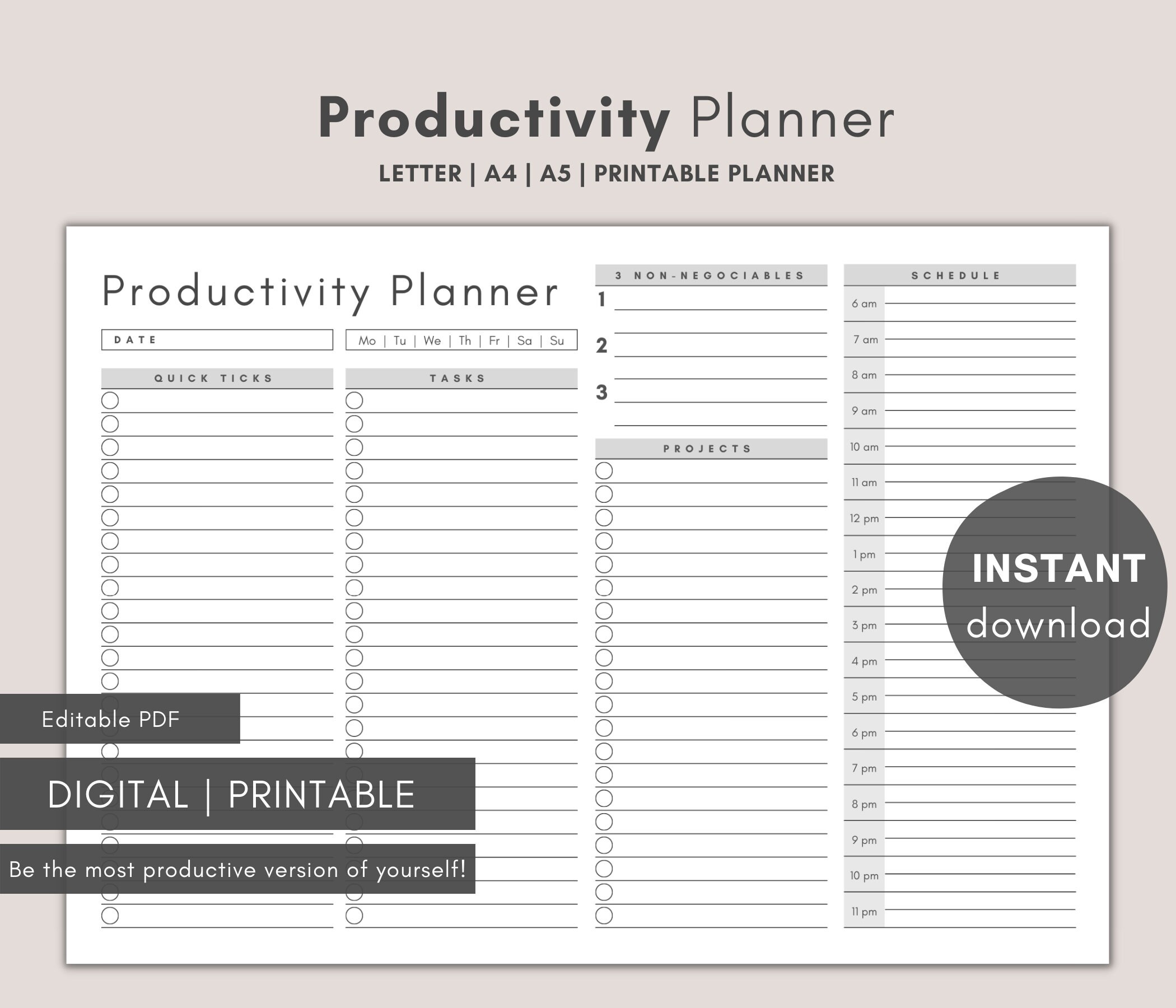 Productivity Planner, Printable Planner, Daily Planner, Schedule ...