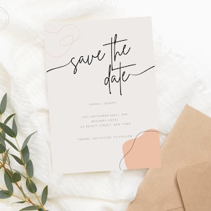 Save the Date, Simple, Neutral, Pink, Save the Date Cards, Editable with Canva - Instant Download, Boho design invitation, Canva Free