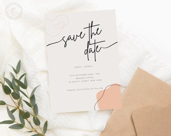 Simple Boho Save the Date Card, Neutral Pink Design (Canva Editable, Instant Download)
