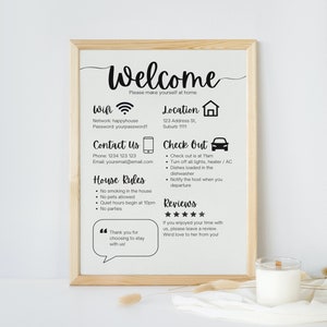 Signo de bienvenida para anfitriones de Airbnb, cartel de llegada de huéspedes, alquiler de vacaciones imprimible, reglas de la casa, contraseña de Wifi, signo para VRBO, plantilla editable