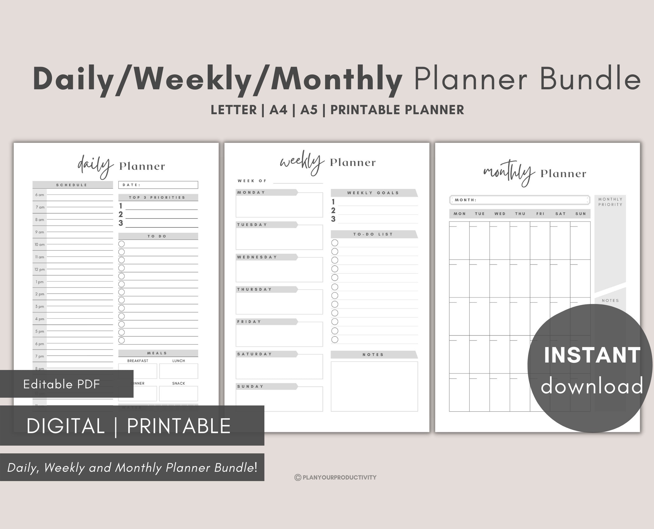 Daily Weekly Monthly Planner Printable Schedule Everyday - Etsy