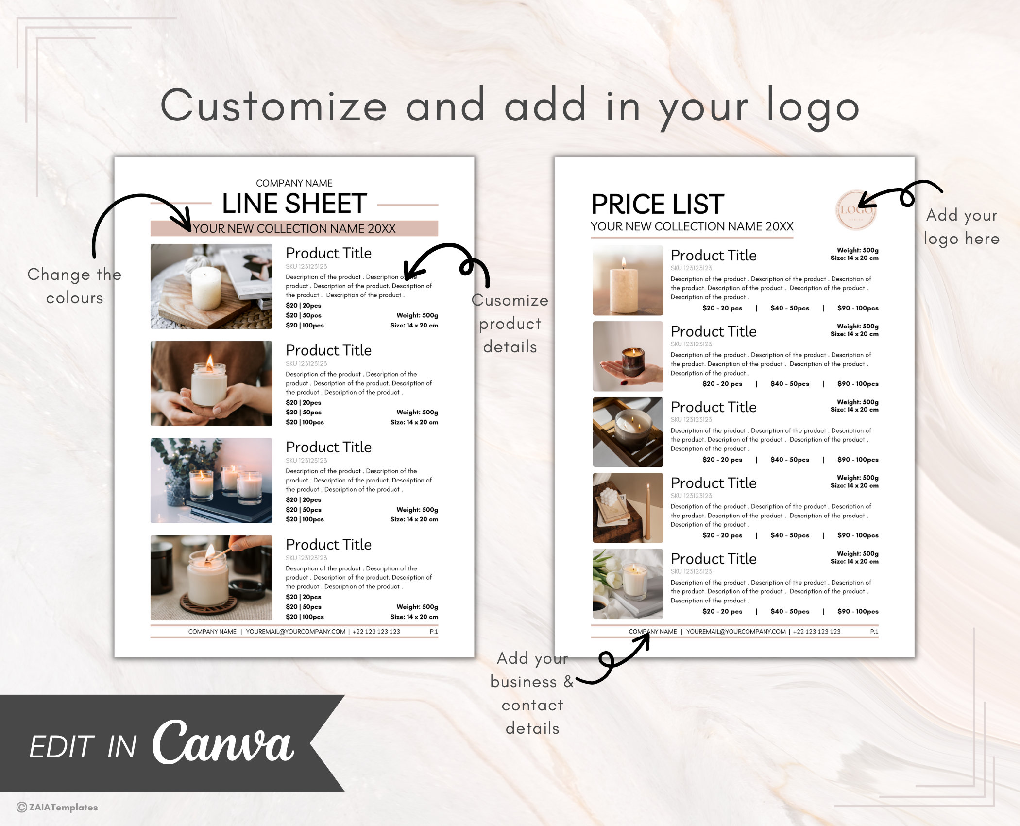 Line Sheet Template, Candle Wholesale Catalog, Editable Wholesale
