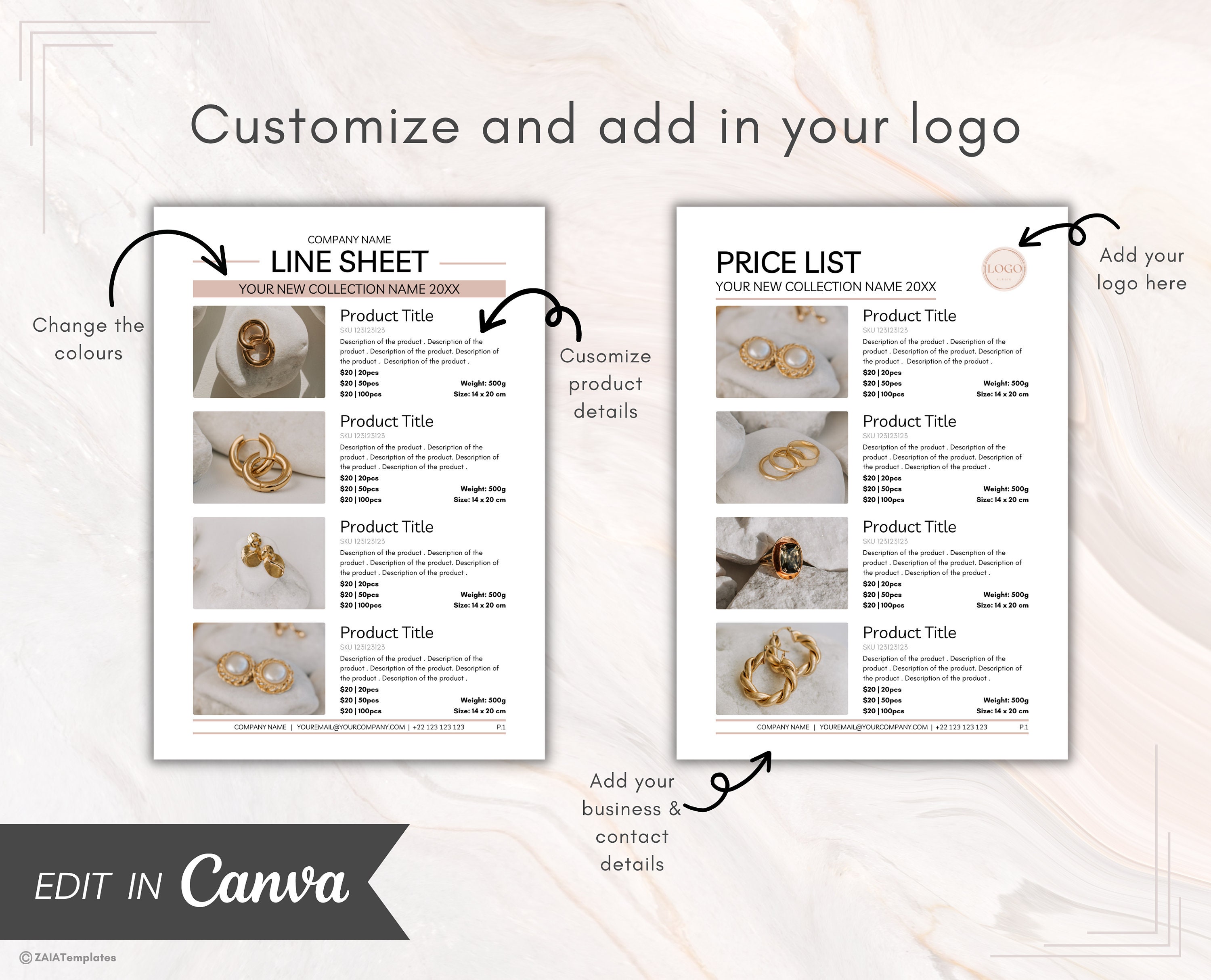 Line Sheet Template, Wholesale Catalog, Editable Wholesale Template