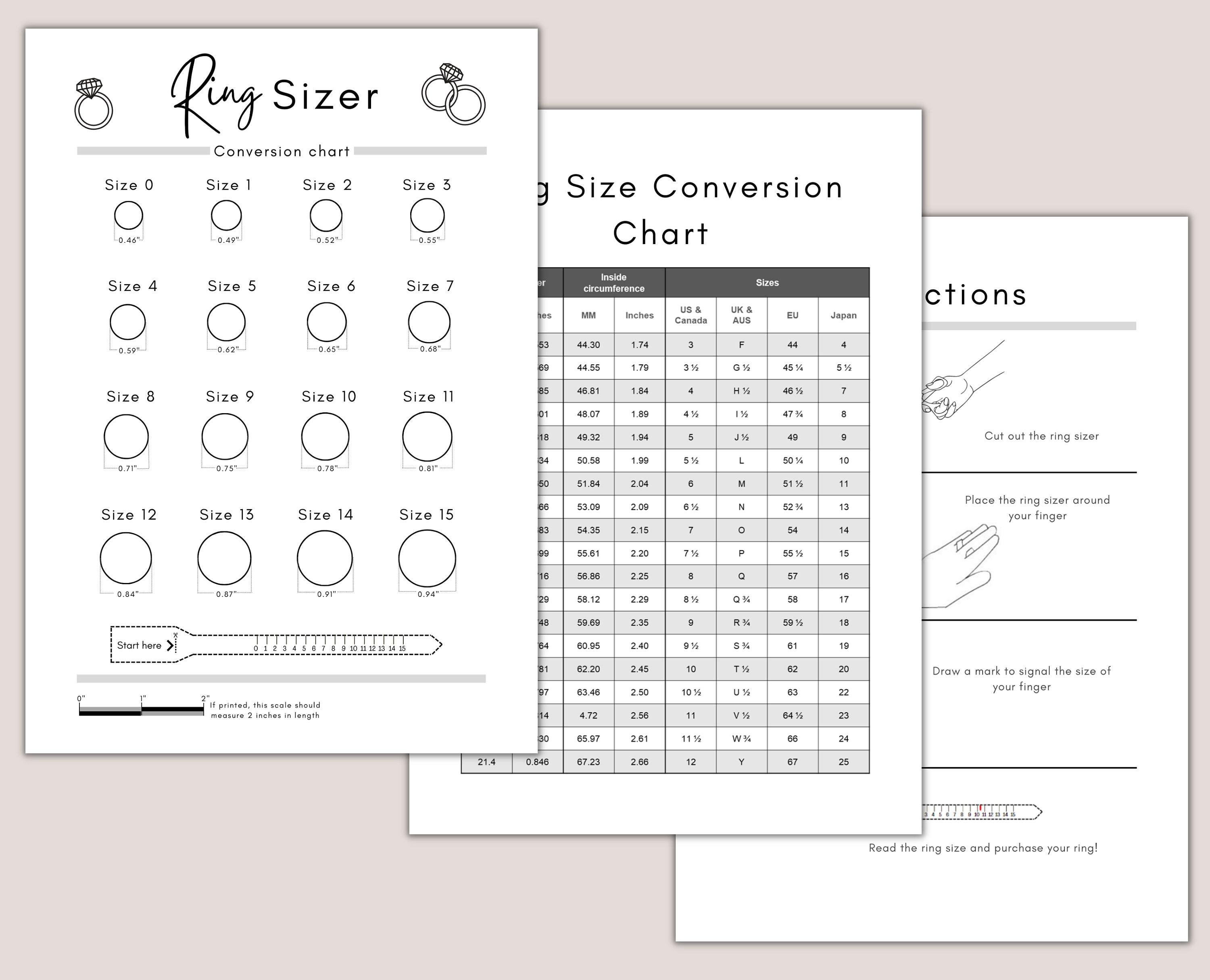 Printable Ring Sizer Ring Size Inches Printable Measuring Tool  International Ring Size Chart Measure Ring Size Instant Download 