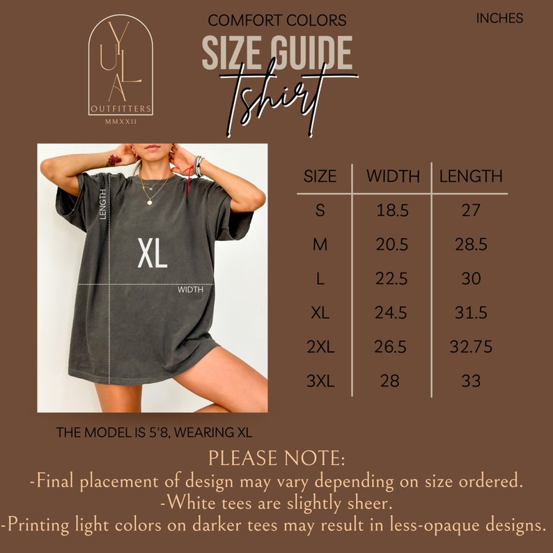 May include: Size chart for a t-shirt with measurements in inches. The chart shows the width and length of the shirt in sizes S, M, L, XL, 2XL, and 3XL. The model is wearing a size XL t-shirt.