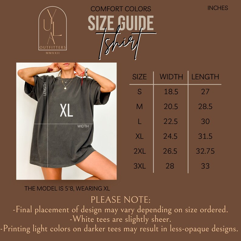 May include: Size chart for a t-shirt in inches. The chart shows the width and length of the shirt in sizes S, M, L, XL, 2XL, and 3XL. The model is wearing a size XL t-shirt.