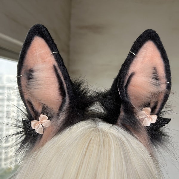 Handmade Furry Alice Rabbit Ears Headband, Cute Pink Black Faux Fur Bunny Ears Hairband, Rabbit Tail,Cosplay Bunny Rabbit Costume Ears Tail