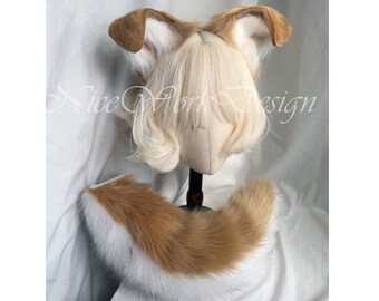 Handmade Furry Dog Ears Tail Kit, Faux Fur Brown White Drop Ears Headband, Brown White Furry Curl Dog Tail, Cosplay Dog Shiba Inu Costume