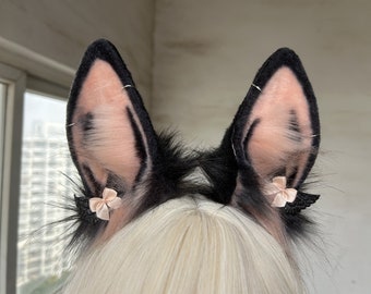 Handmade Furry Alice Rabbit Ears Headband, Cute Pink Black Faux Fur Bunny Ears Hairband, Rabbit Tail,Cosplay Bunny Rabbit Costume Ears Tail