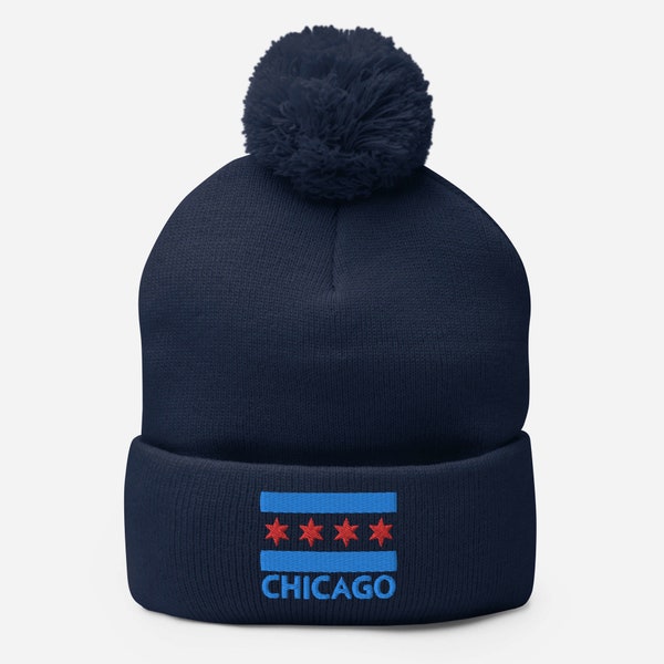 Bonnet à pompons drapeau de Chicago, chapeau d'hiver drapeau de la ville de Chicago, cadeau sport Chicago, cadeaux Chicago, souvenir de Chicago, natif de Chicago, ville de Chi